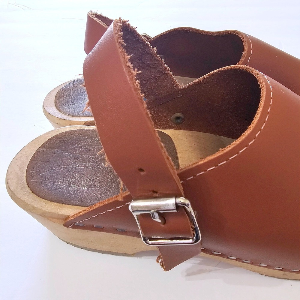 MIA Alma Free People Swedish Wooden Clogs Cognac Brown Leather 38 (7.5) 70s - Picture 4 of 11